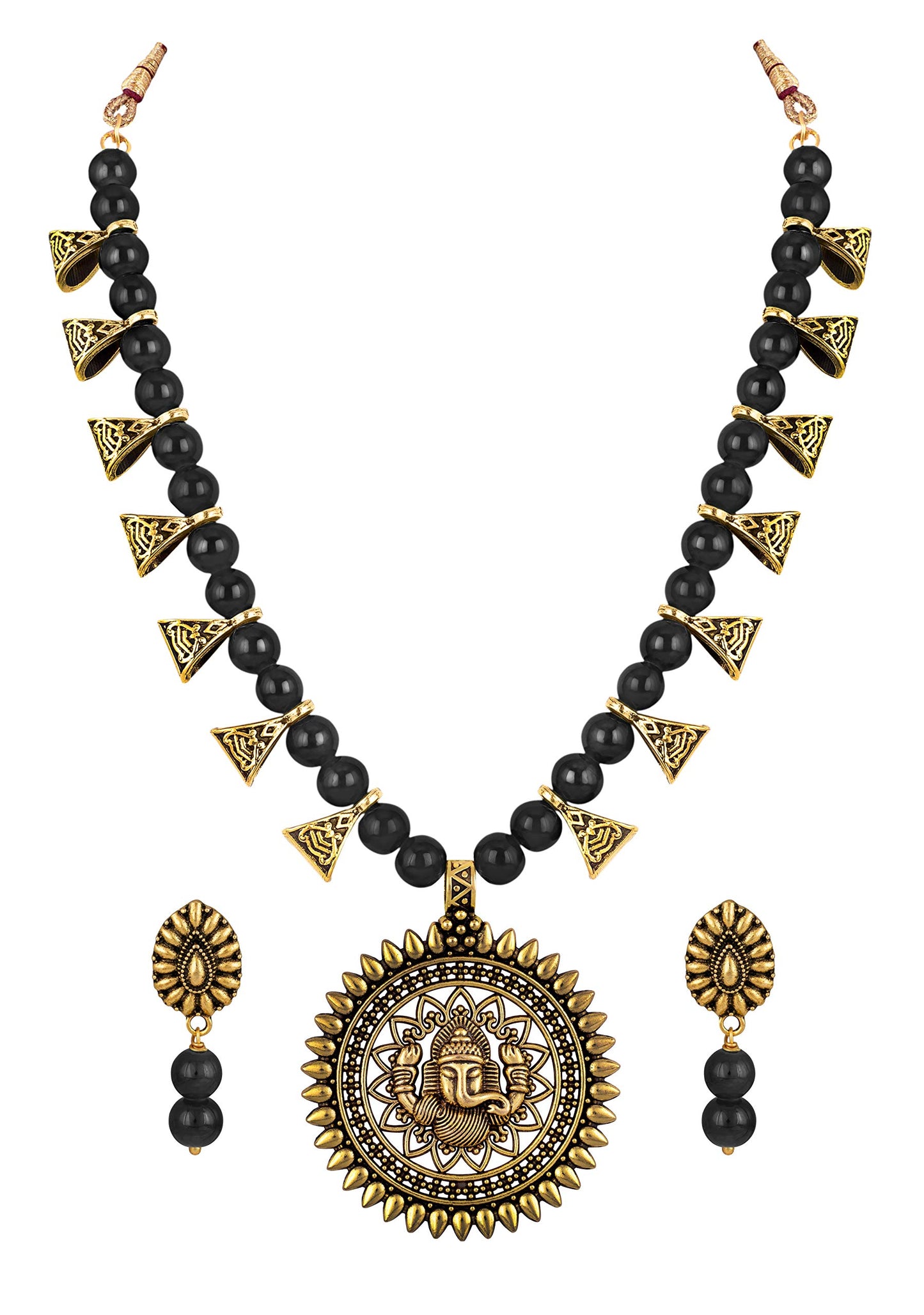 Gajamukha Oxidized Silver Necklace & Earring Set – Black Beaded Ethnic Combo