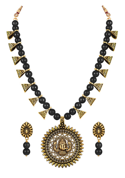Gajamukha Oxidized Silver Necklace & Earring Set – Black Beaded Ethnic Combo