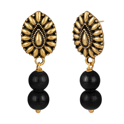 Gajamukha Oxidized Silver Necklace & Earring Set – Black Beaded Ethnic Combo