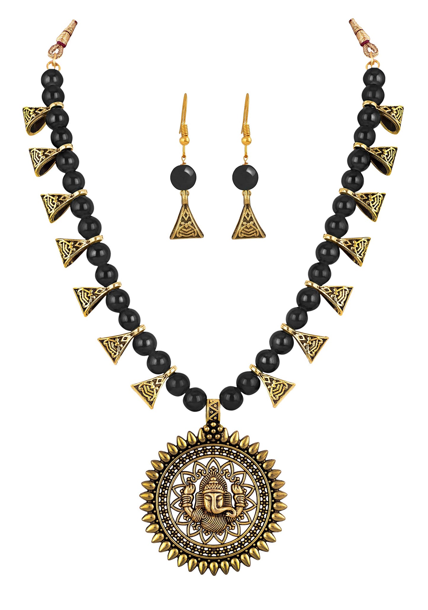 Gajamukha Oxidized Silver Necklace & Earring Set – Black Beaded Ethnic Combo