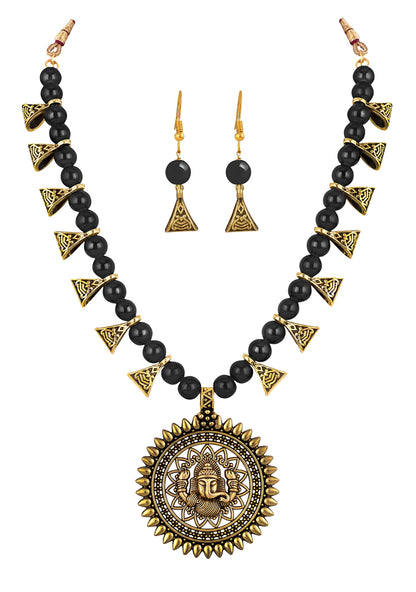 Gajamukha Oxidized Silver Necklace & Earring Set – Black Beaded Ethnic Combo