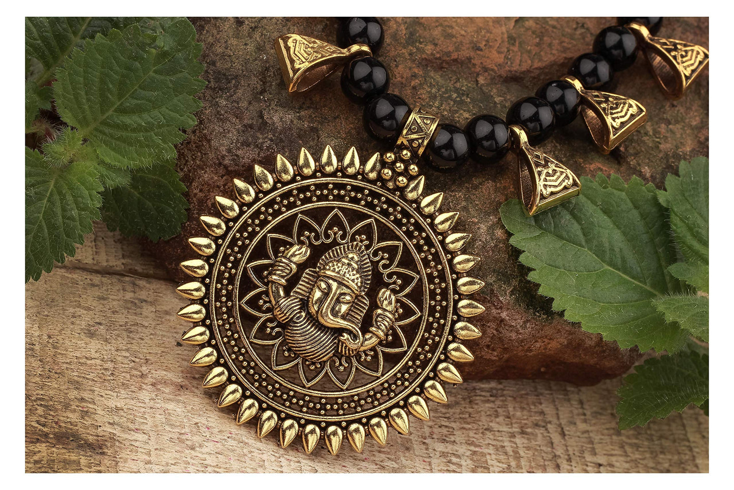 Gajamukha Oxidized Silver Necklace & Earring Set – Black Beaded Ethnic Combo