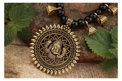 Gajamukha Oxidized Silver Necklace & Earring Set – Black Beaded Ethnic Combo