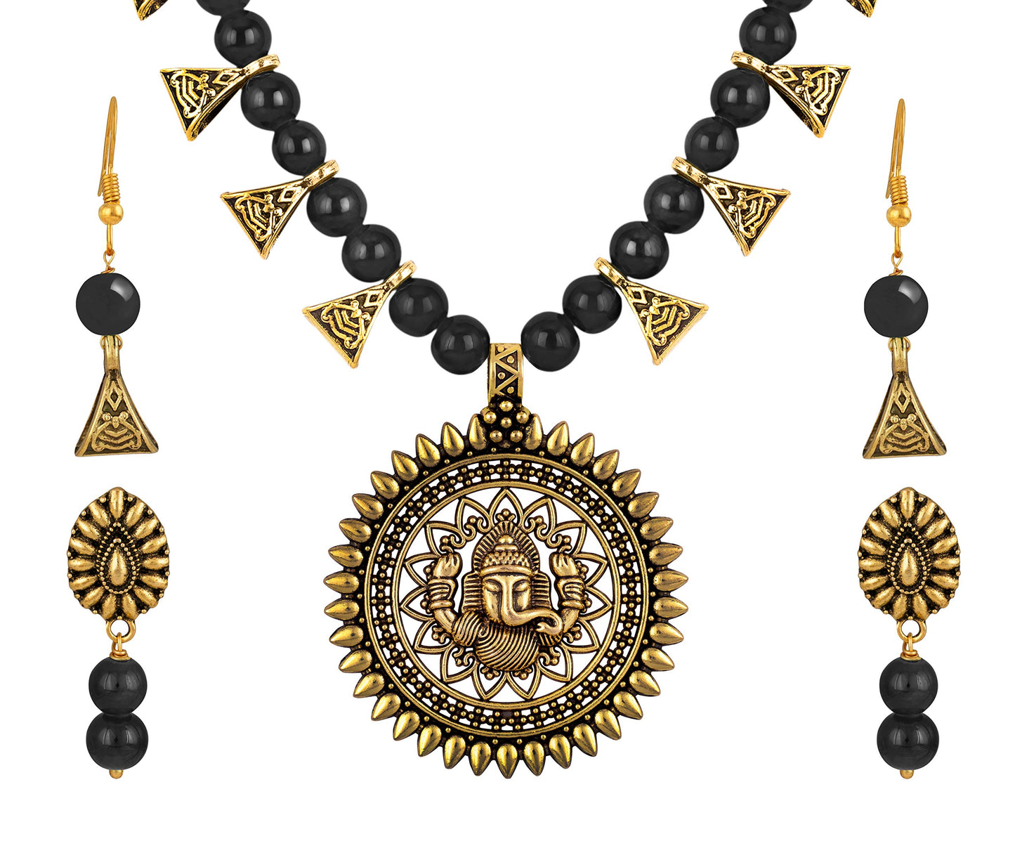 Gajamukha Oxidized Silver Necklace & Earring Set – Black Beaded Ethnic Combo