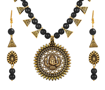 Gajamukha Oxidized Silver Necklace & Earring Set – Black Beaded Ethnic Combo