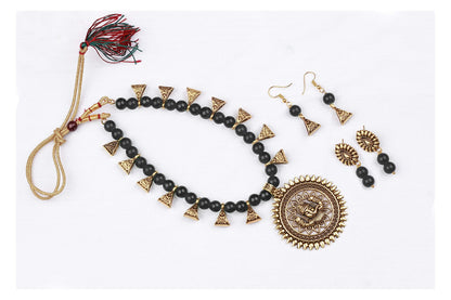 Gajamukha Oxidized Silver Necklace & Earring Set – Black Beaded Ethnic Combo