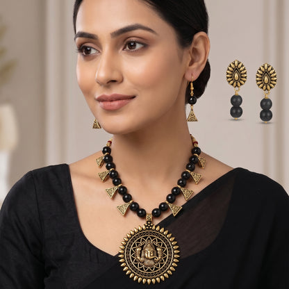 Gajamukha Oxidized Silver Necklace & Earring Set – Black Beaded Ethnic Combo