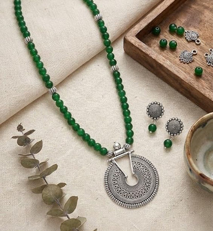 Silver Plated Oxidized Pendant With Beaded Necklace Set (Green)