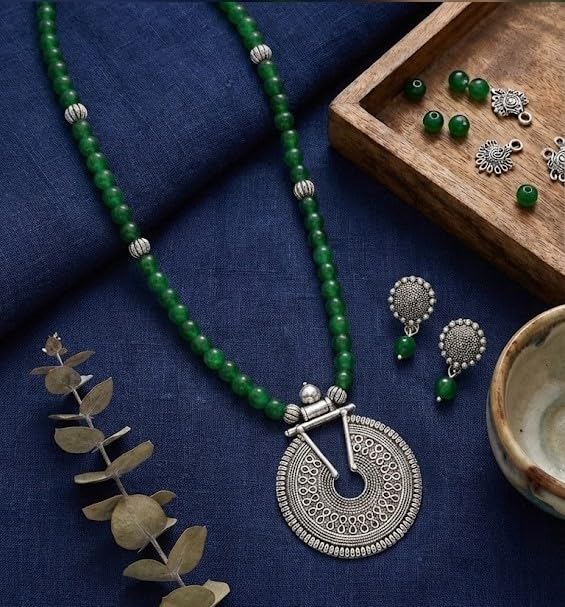 Silver Plated Oxidized Pendant With Beaded Necklace Set (Green)