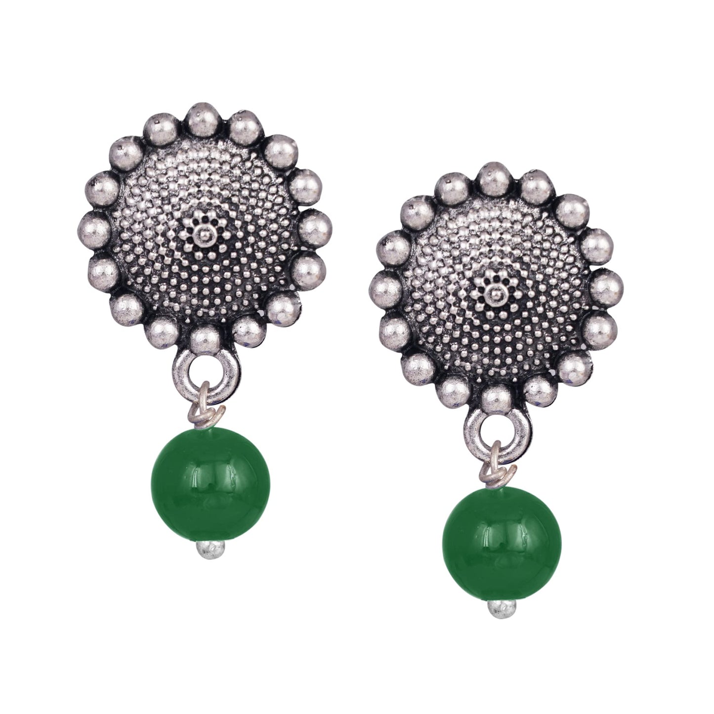 Silver Plated Oxidized Pendant With Beaded Necklace Set (Green)