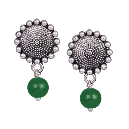 Silver Plated Oxidized Pendant With Beaded Necklace Set (Green)