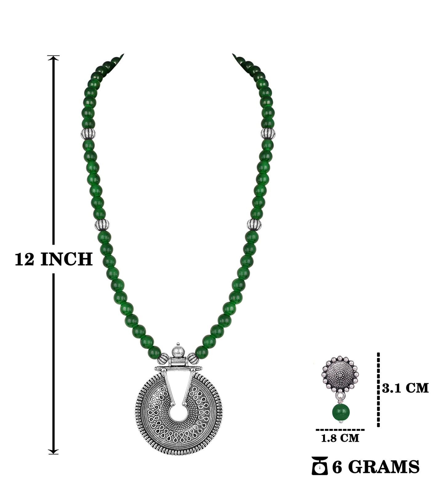 Silver Plated Oxidized Pendant With Beaded Necklace Set (Green)