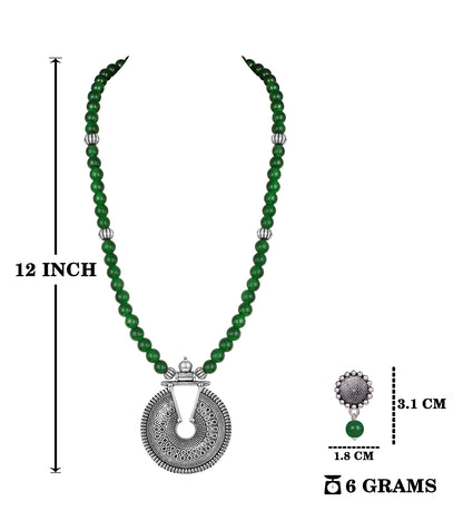 Silver Plated Oxidized Pendant With Beaded Necklace Set (Green)