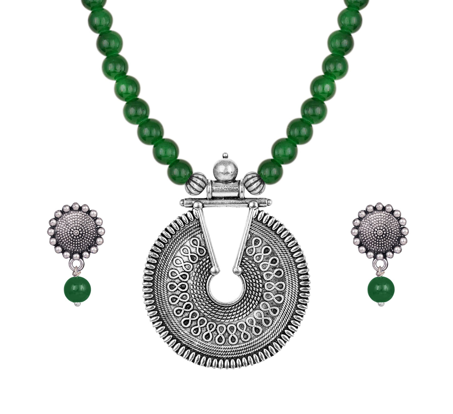 Silver Plated Oxidized Pendant With Beaded Necklace Set (Green)