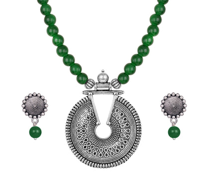 Silver Plated Oxidized Pendant With Beaded Necklace Set (Green)