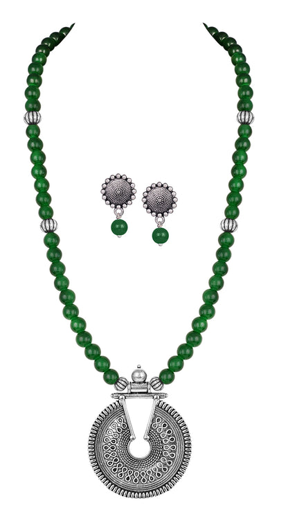 Silver Plated Oxidized Pendant With Beaded Necklace Set (Green)