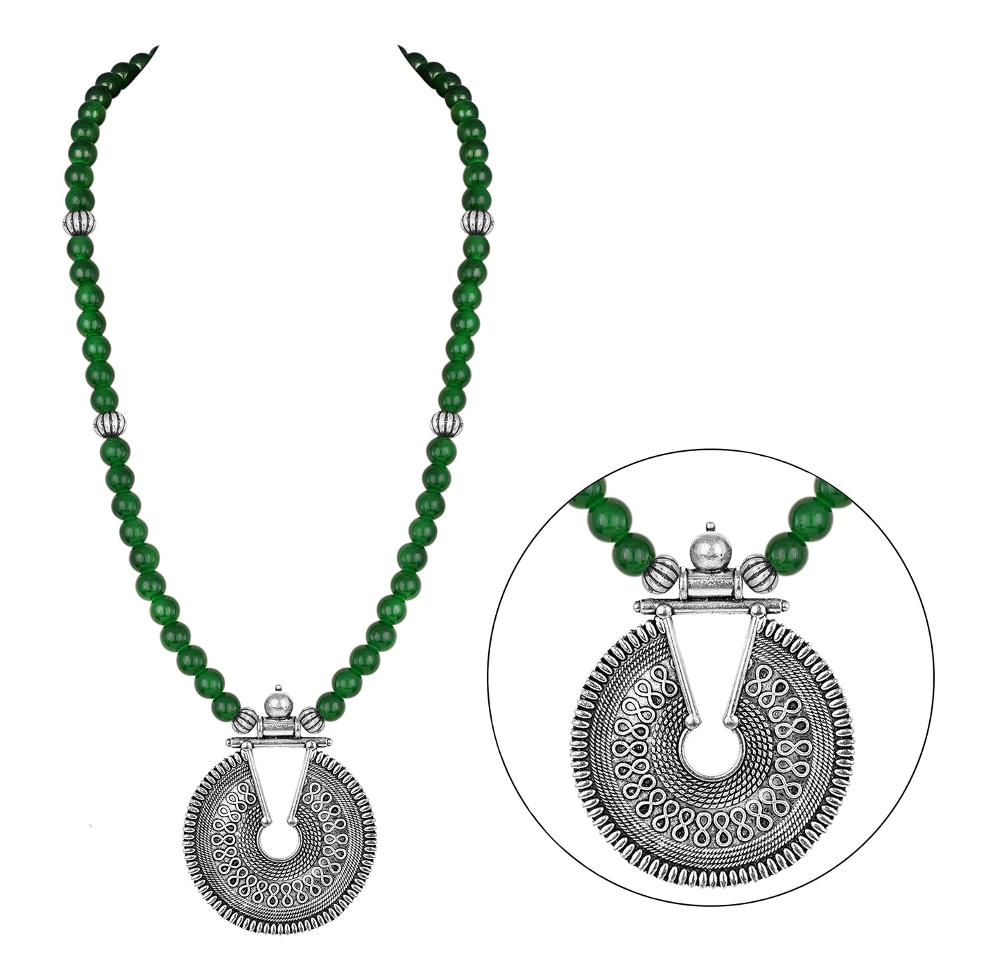 Silver Plated Oxidized Pendant With Beaded Necklace Set (Green)