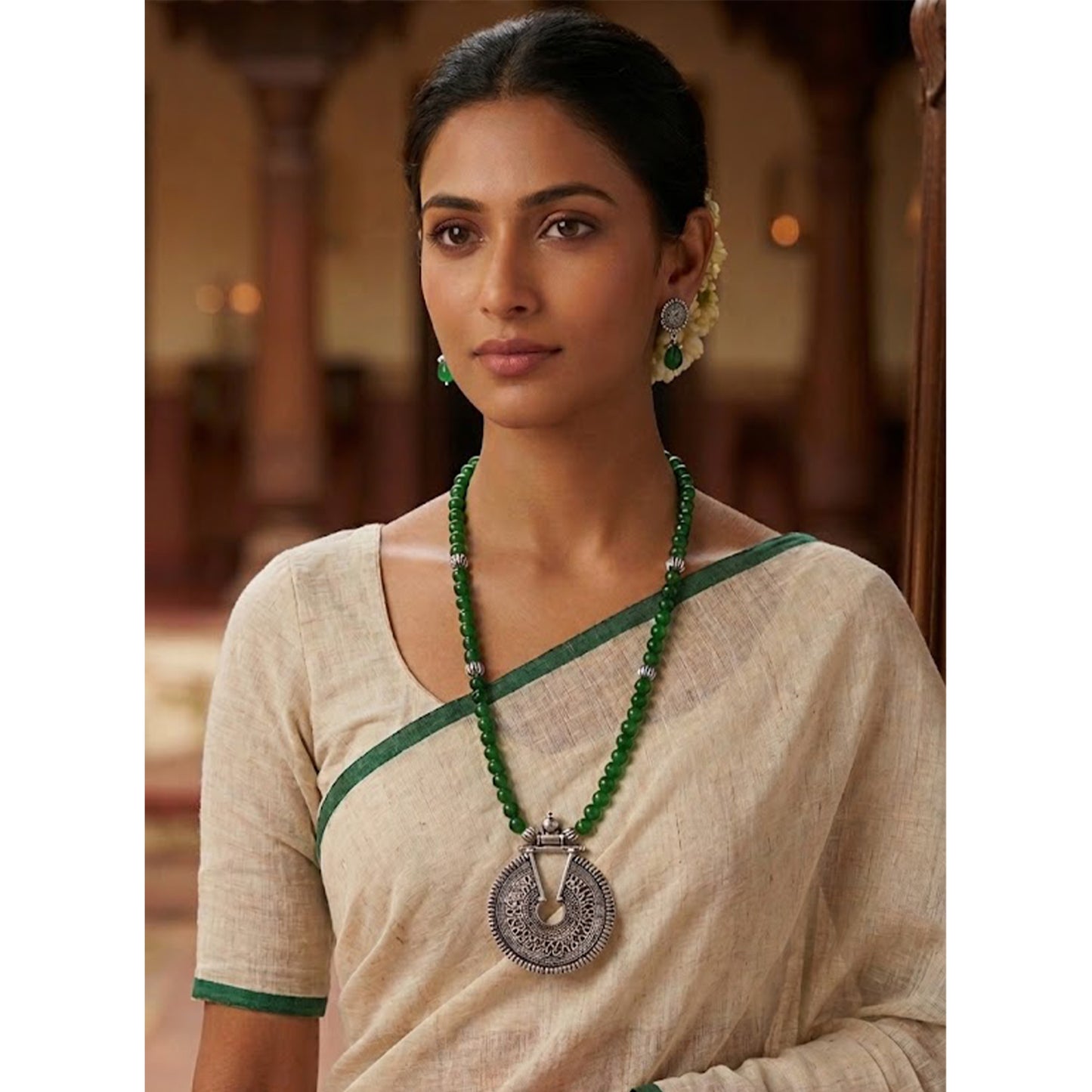 Silver Plated Oxidized Pendant With Beaded Necklace Set (Green)