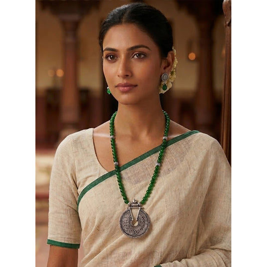 Silver Plated Oxidized Pendant With Beaded Necklace Set (Green)