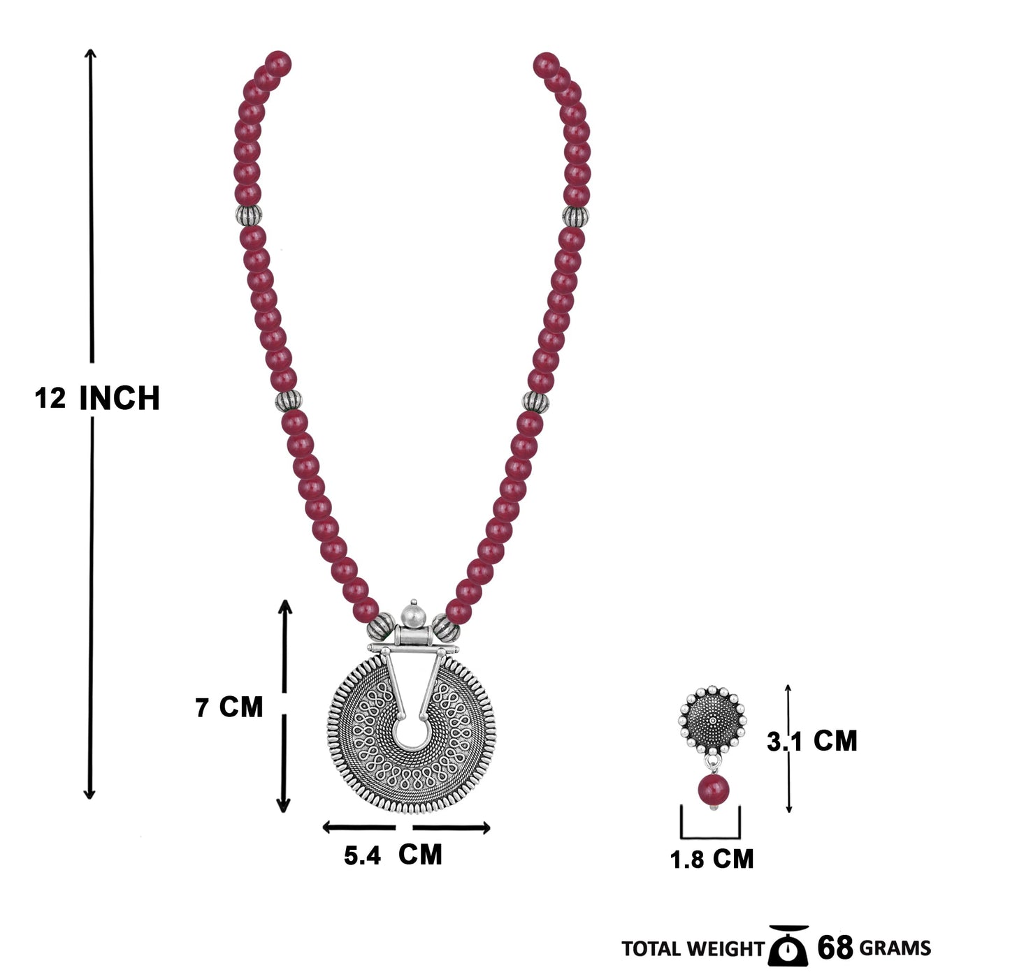 Oxidized German Silver Key Hole Necklace Set – Maroon Beaded Ethnic Jewelry