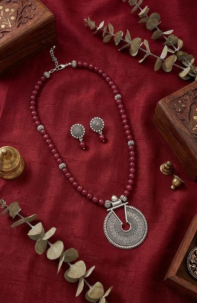 Oxidized German Silver Key Hole Necklace Set – Maroon Beaded Ethnic Jewelry