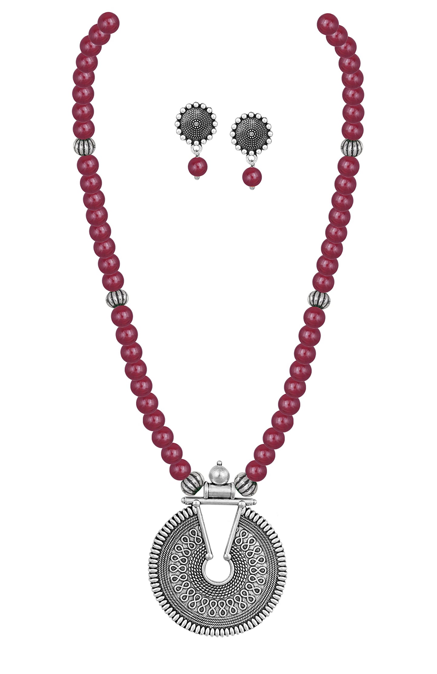Oxidized German Silver Key Hole Necklace Set – Maroon Beaded Ethnic Jewelry