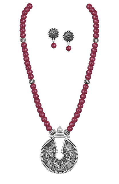 Oxidized German Silver Key Hole Necklace Set – Maroon Beaded Ethnic Jewelry