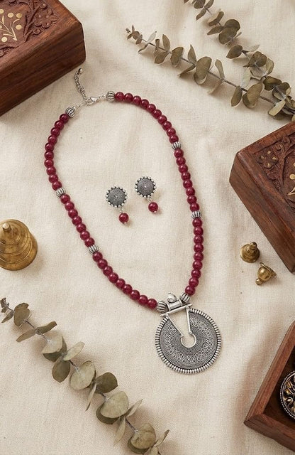 Oxidized German Silver Key Hole Necklace Set – Maroon Beaded Ethnic Jewelry