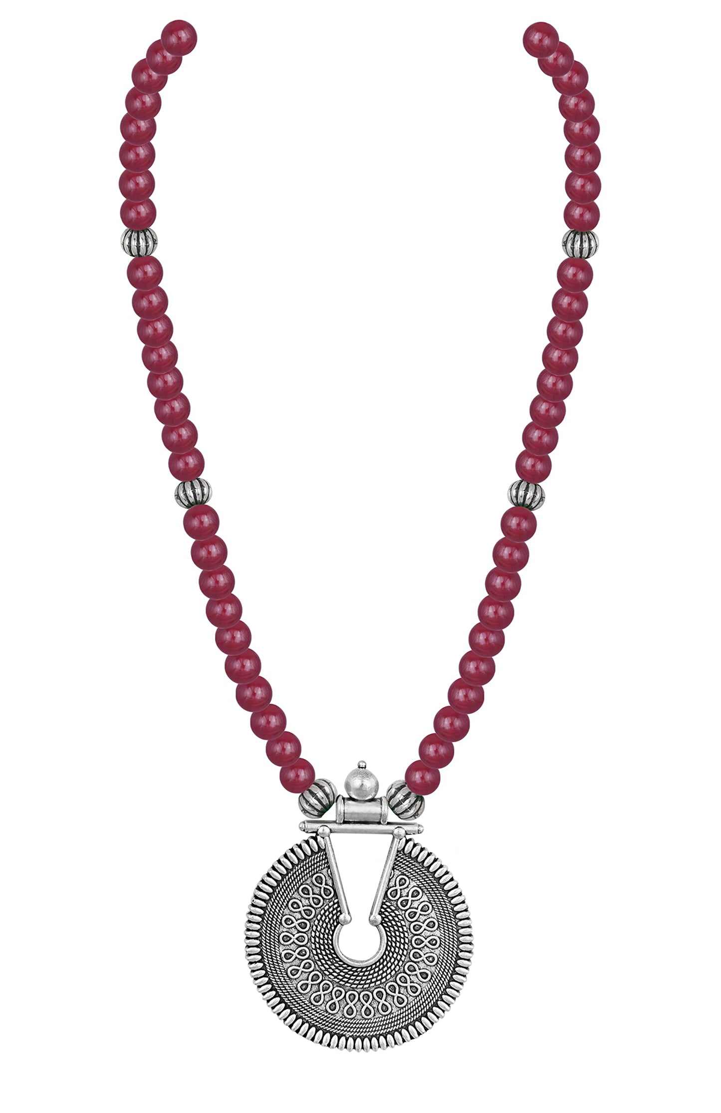 Oxidized German Silver Key Hole Necklace Set – Maroon Beaded Ethnic Jewelry