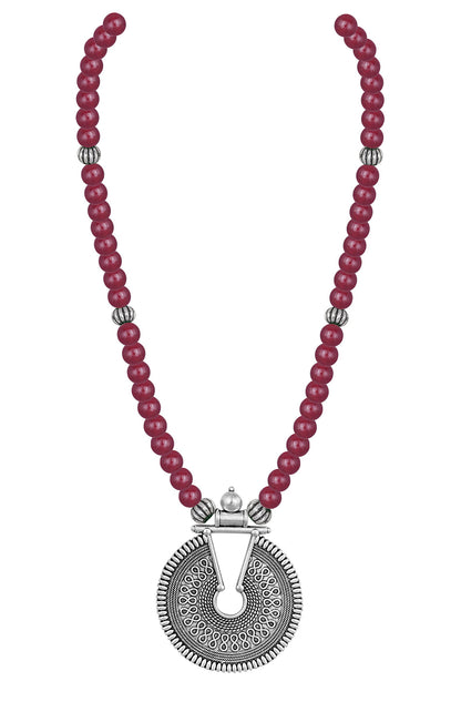 Oxidized German Silver Key Hole Necklace Set – Maroon Beaded Ethnic Jewelry