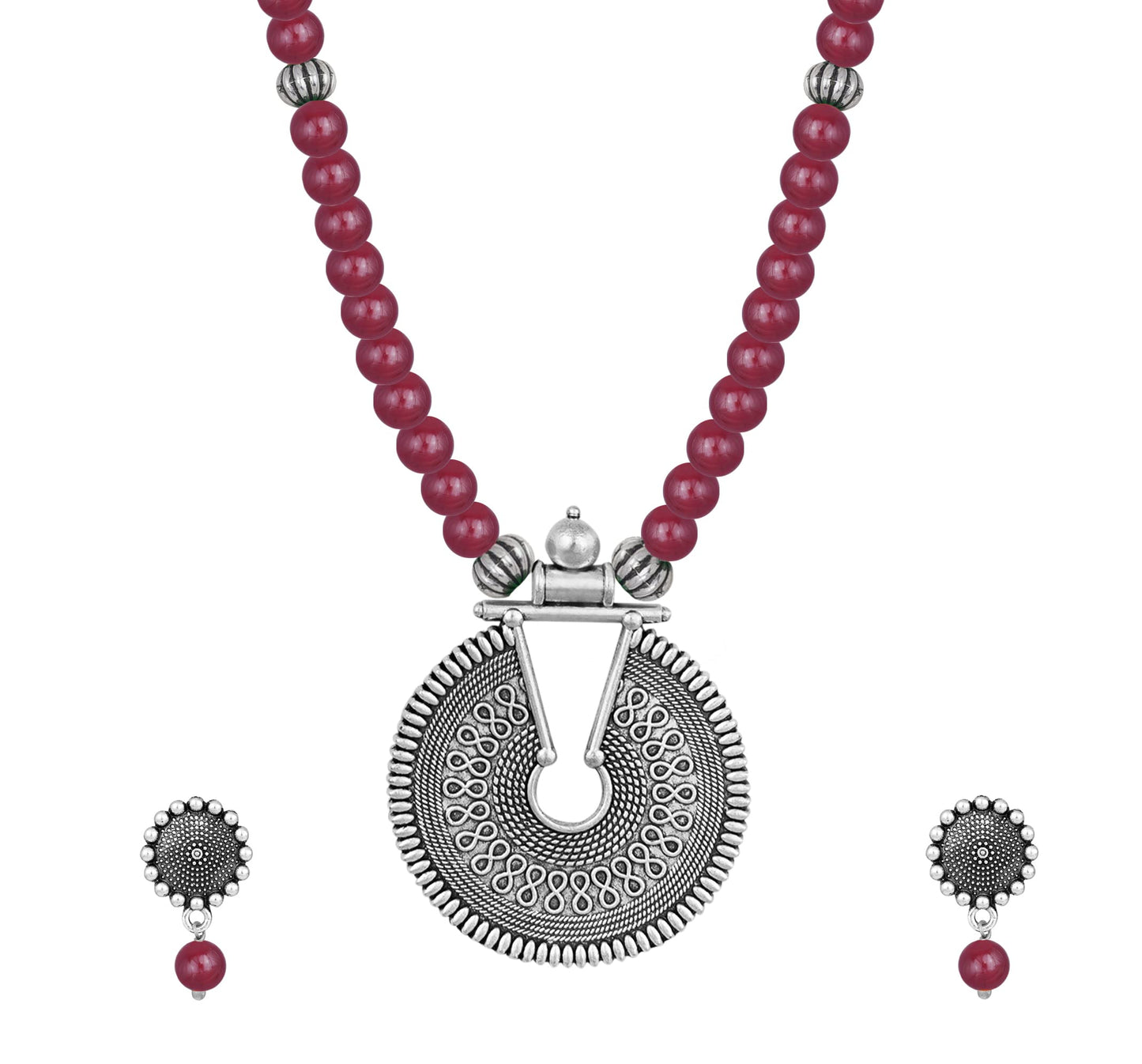 Oxidized German Silver Key Hole Necklace Set – Maroon Beaded Ethnic Jewelry