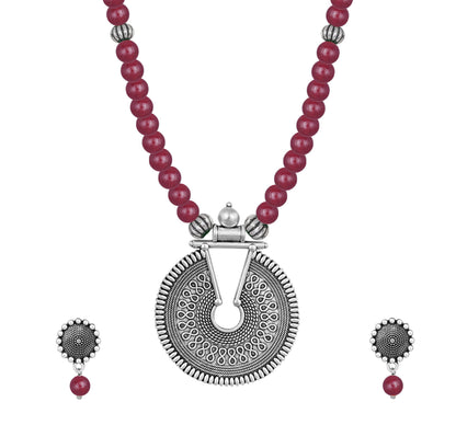Oxidized German Silver Key Hole Necklace Set – Maroon Beaded Ethnic Jewelry