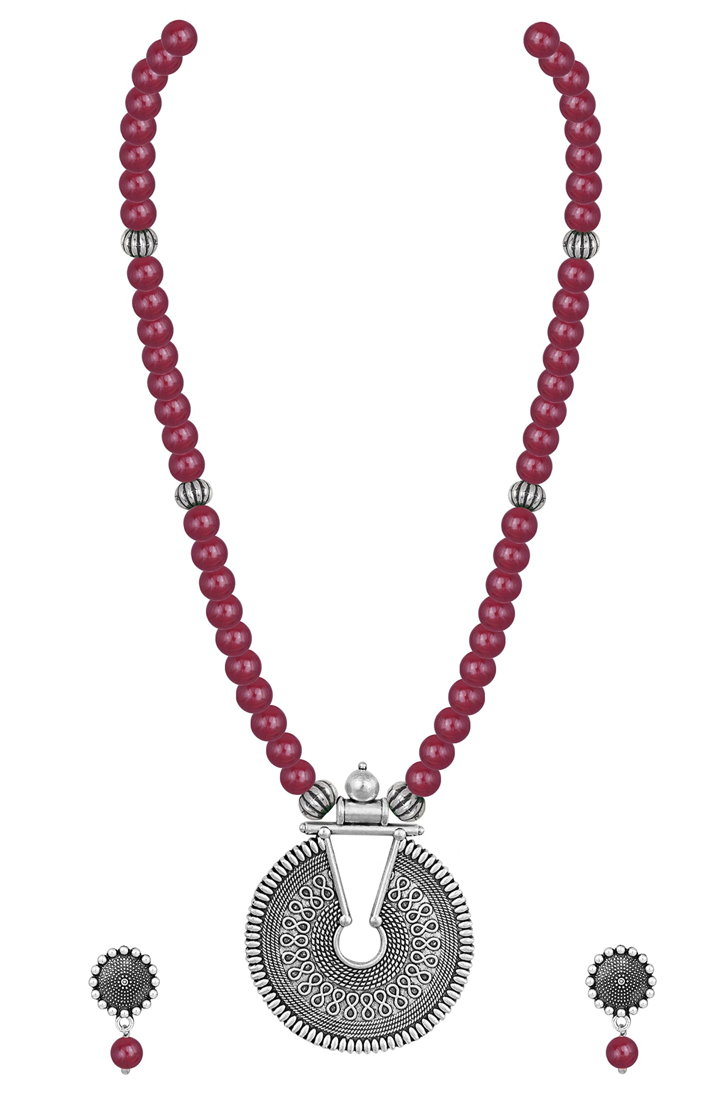 Oxidized German Silver Key Hole Necklace Set – Maroon Beaded Ethnic Jewelry