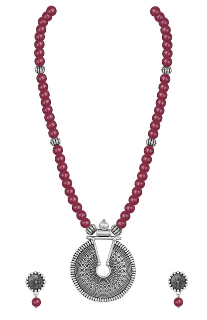 Oxidized German Silver Key Hole Necklace Set – Maroon Beaded Ethnic Jewelry