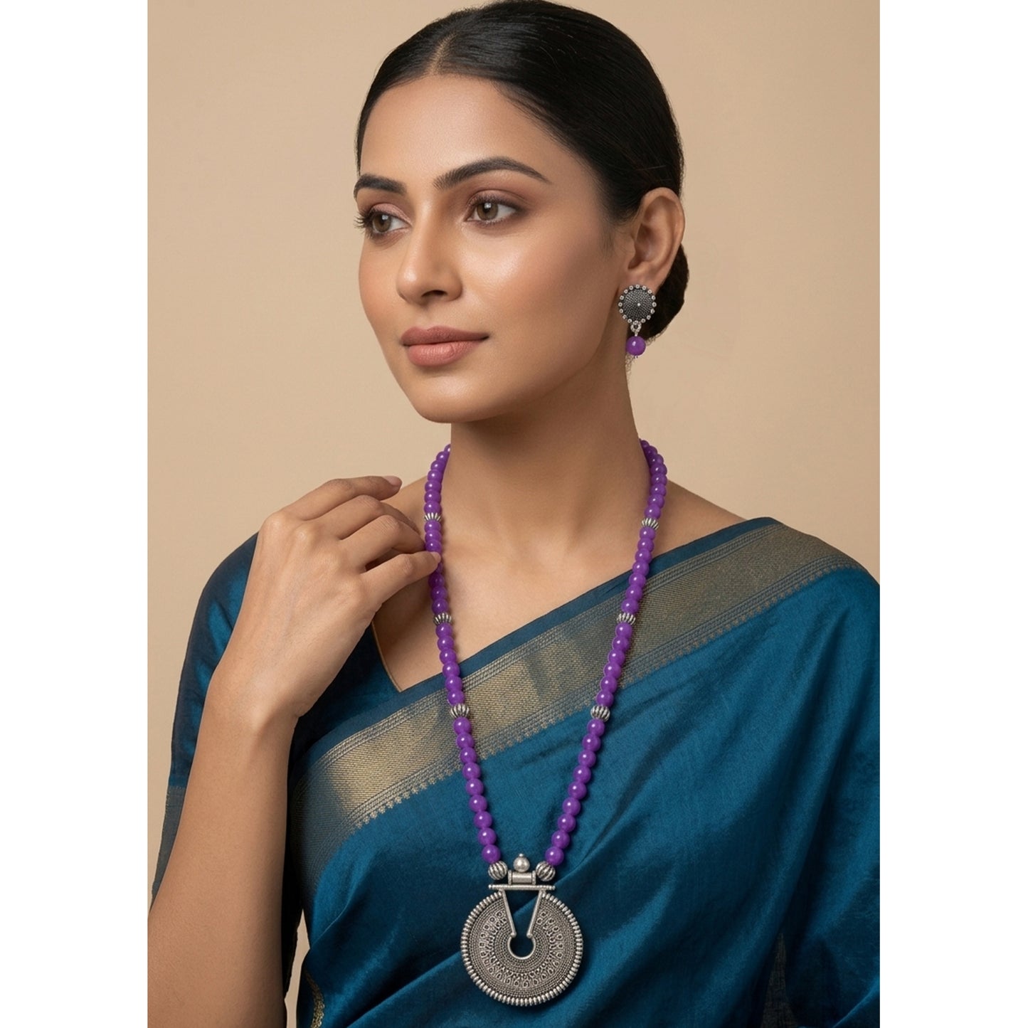 Oxidized German Silver Key Hole Necklace Set – Purple Beaded Ethnic Jewelry