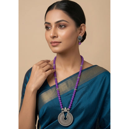 Oxidized German Silver Key Hole Necklace Set – Purple Beaded Ethnic Jewelry