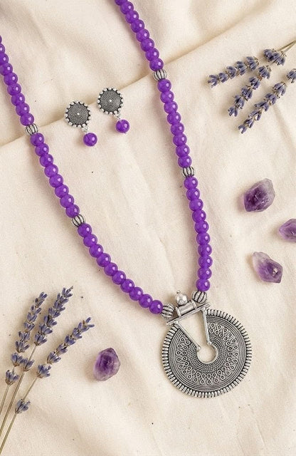 Oxidized German Silver Key Hole Necklace Set – Purple Beaded Ethnic Jewelry