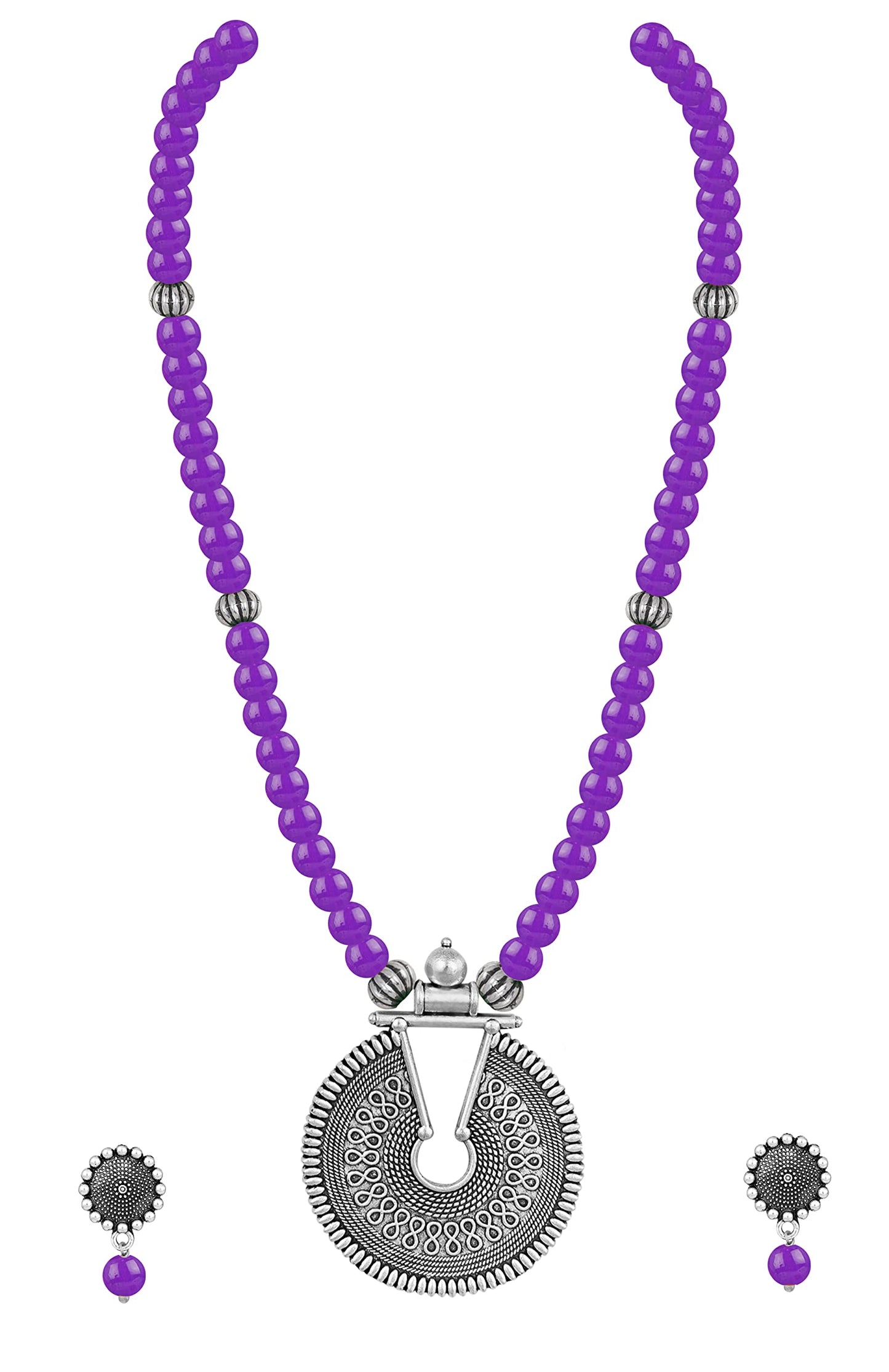 Oxidized German Silver Key Hole Necklace Set – Purple Beaded Ethnic Jewelry
