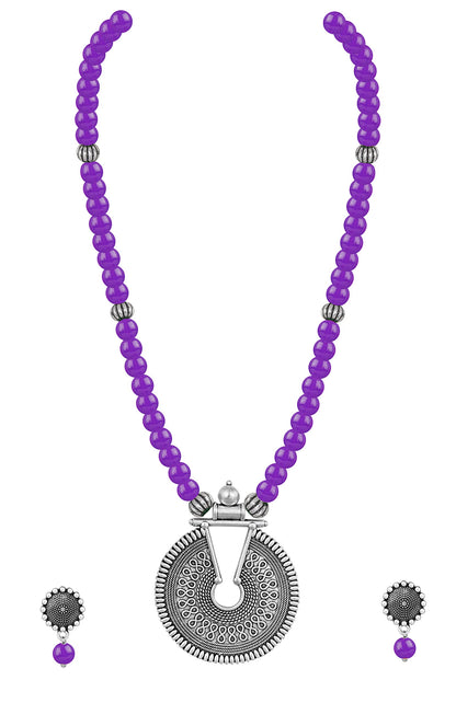 Oxidized German Silver Key Hole Necklace Set – Purple Beaded Ethnic Jewelry