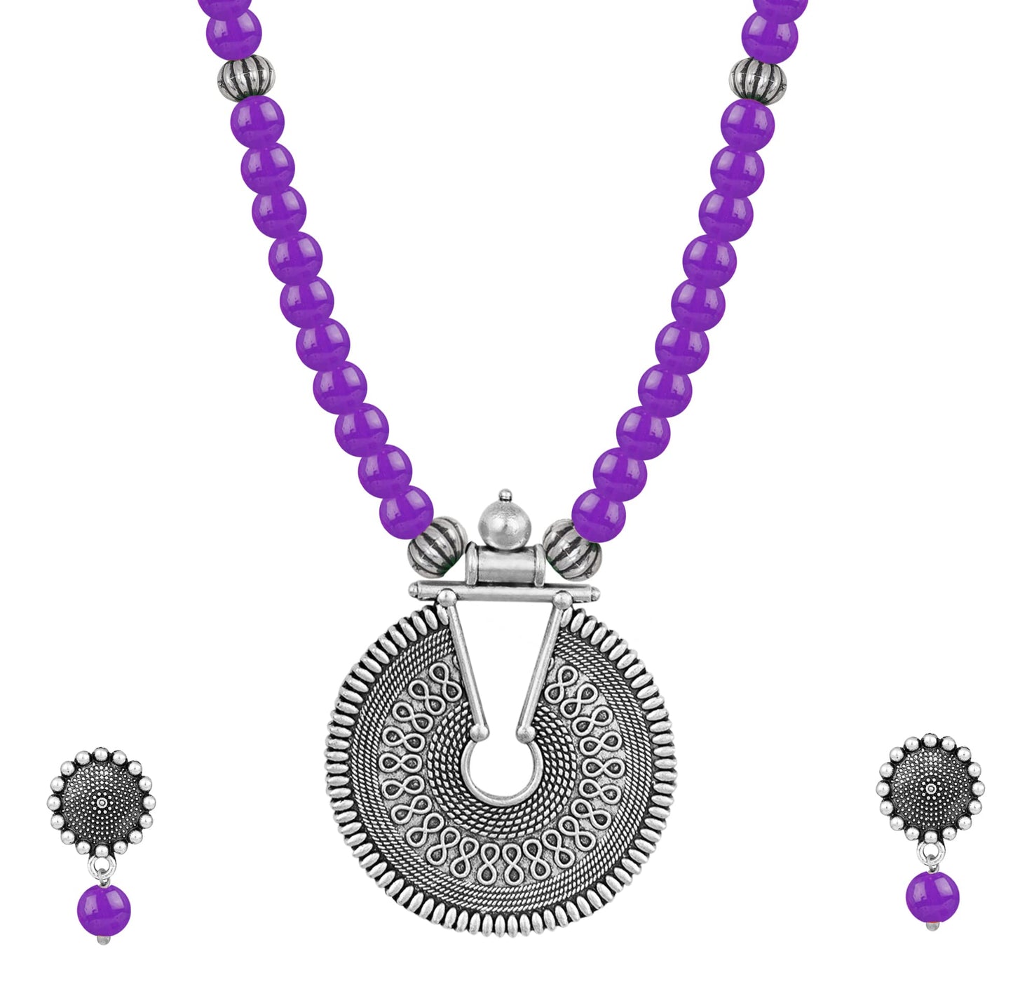 Oxidized German Silver Key Hole Necklace Set – Purple Beaded Ethnic Jewelry