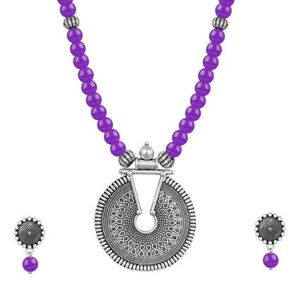 Oxidized German Silver Key Hole Necklace Set – Purple Beaded Ethnic Jewelry