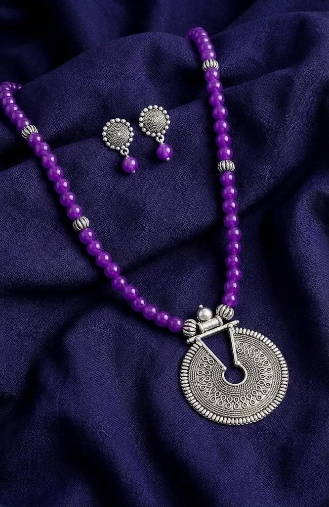 Oxidized German Silver Key Hole Necklace Set – Purple Beaded Ethnic Jewelry