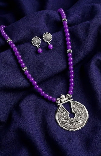 Oxidized German Silver Key Hole Necklace Set – Purple Beaded Ethnic Jewelry