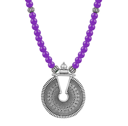 Oxidized German Silver Key Hole Necklace Set – Purple Beaded Ethnic Jewelry