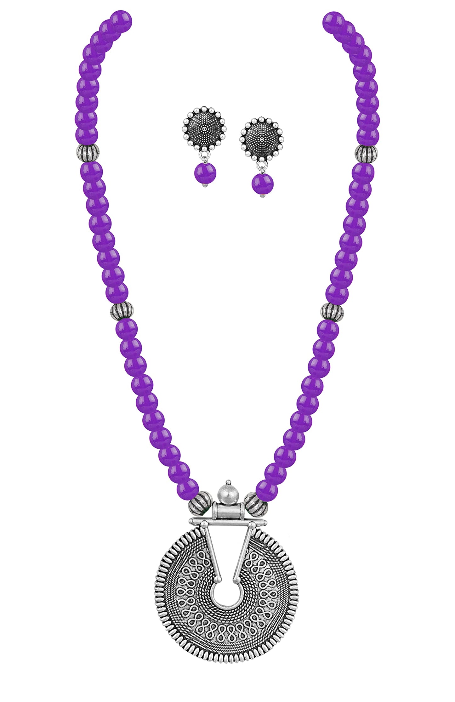Oxidized German Silver Key Hole Necklace Set – Purple Beaded Ethnic Jewelry