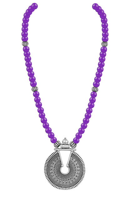 Oxidized German Silver Key Hole Necklace Set – Purple Beaded Ethnic Jewelry