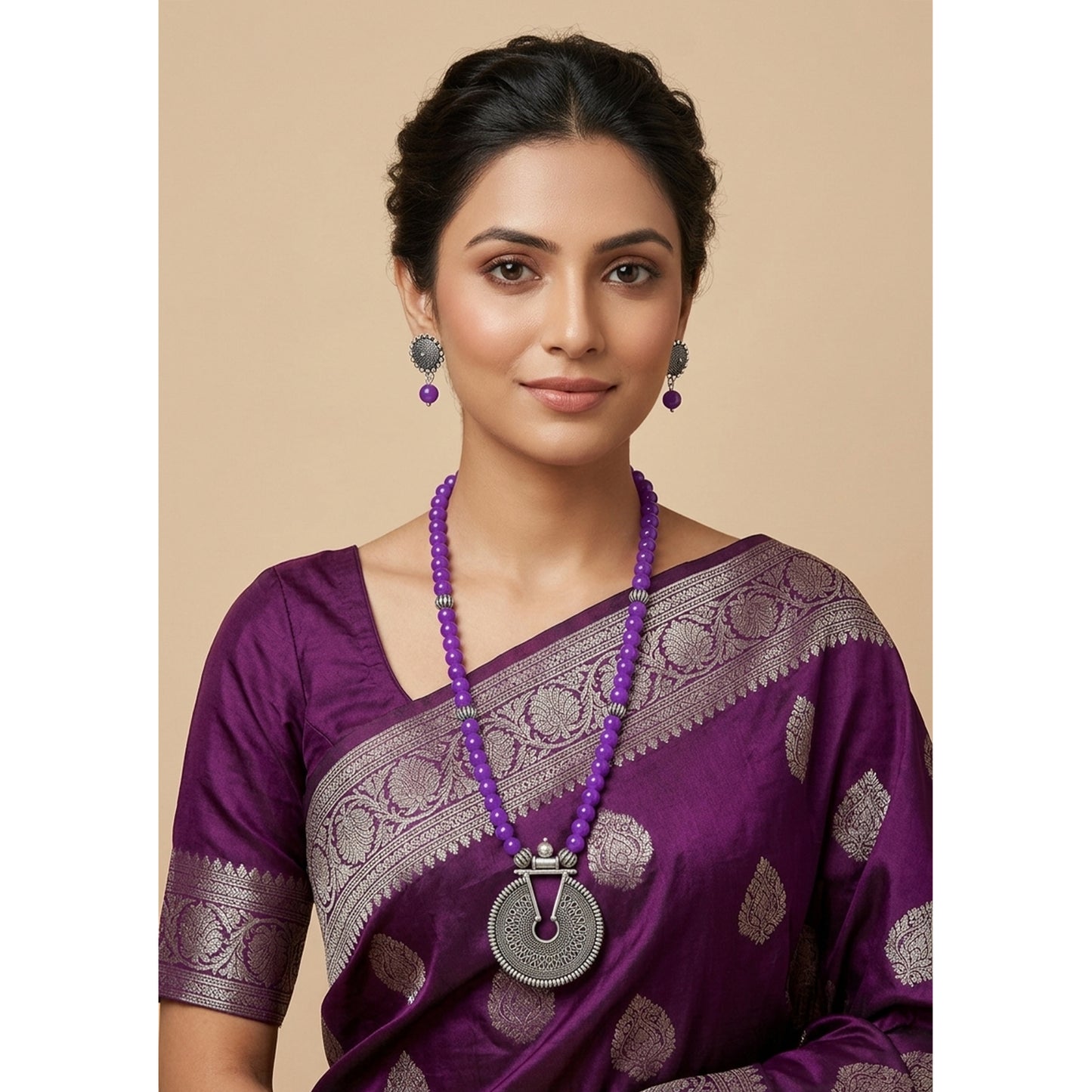 Oxidized German Silver Key Hole Necklace Set – Purple Beaded Ethnic Jewelry