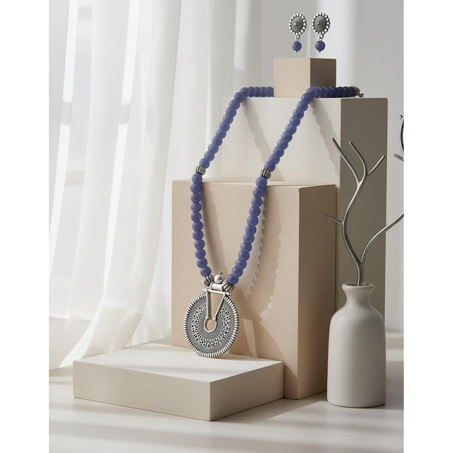 Oxidized German Silver Key Hole Necklace Set – Sea Blue Beaded Ethnic Jewelry