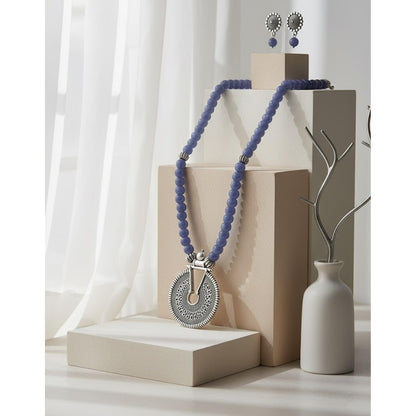 Oxidized German Silver Key Hole Necklace Set – Sea Blue Beaded Ethnic Jewelry