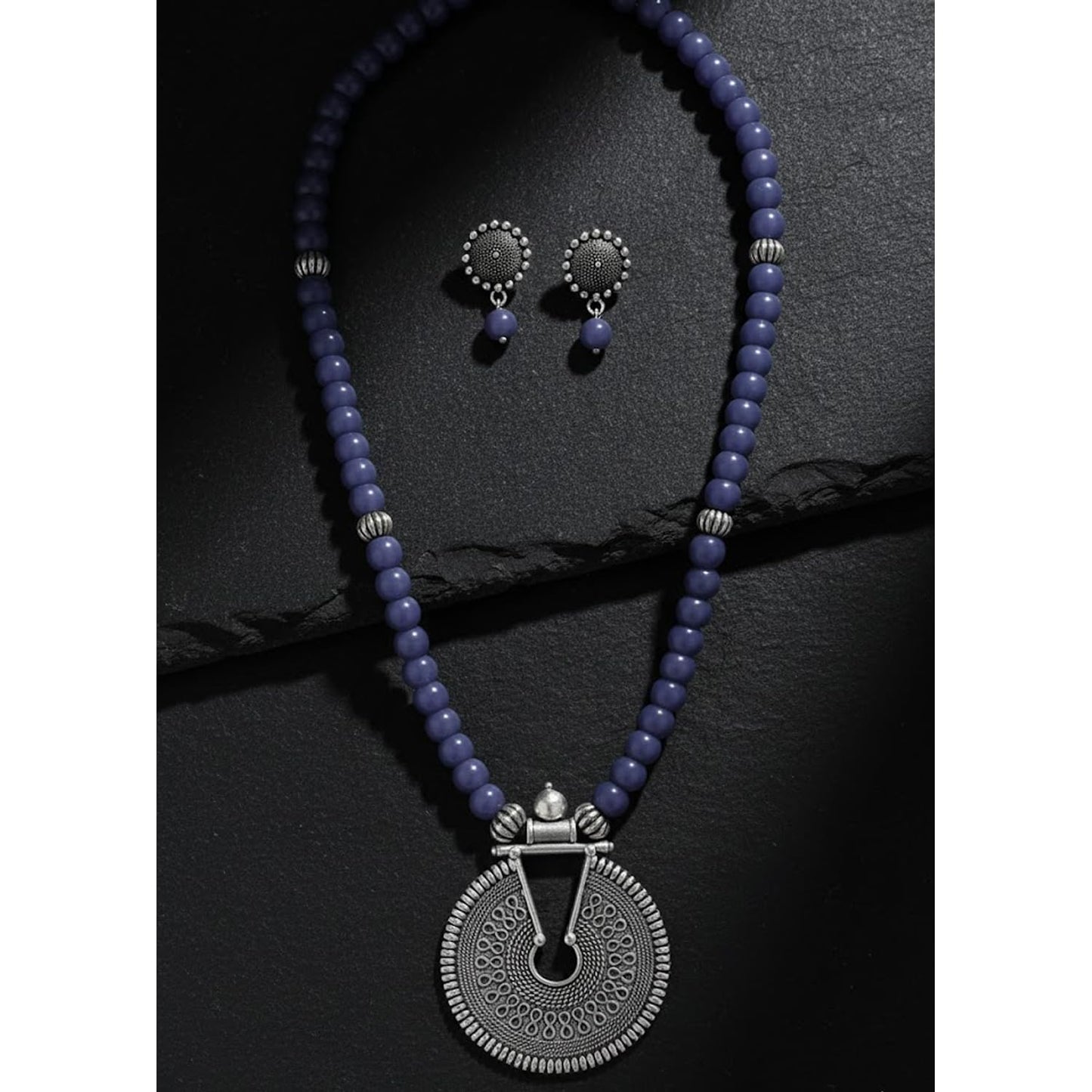 Oxidized German Silver Key Hole Necklace Set – Sea Blue Beaded Ethnic Jewelry